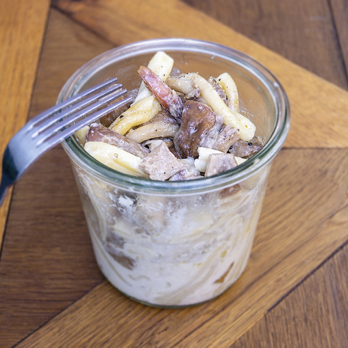 Pasta aux champignons, jambon et gruyère